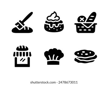 Simple Set of Bakery Related Vector Solid Icons. Contains Icons as Pastry Brush, Scone, Bread Basket and more.