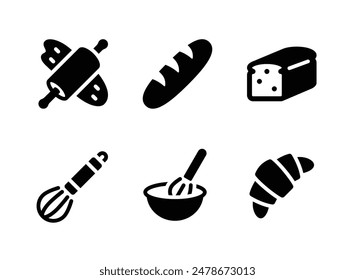 Conjunto Simple de Iconos Sólidos de Vector Relacionados con Panadería. Contiene iconos como rodillo de masa, baguette, pan y más.