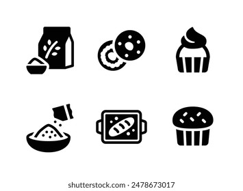 Simple Set of Bakery Related Vector Solid Icons. Contains Icons as Flour Bag, Bagel, Cupcake and more.