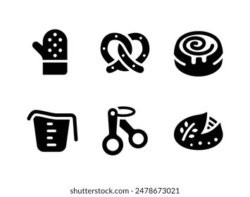 Simple Set of Bakery Related Vector Solid Icons. Contains Icons as Oven Mitt, Pretzel,  Cinnamon Roll and more.