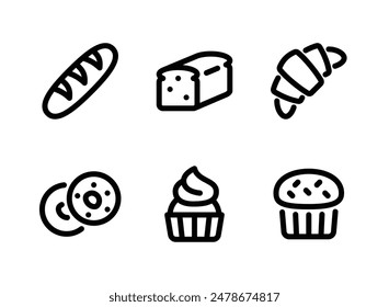 Conjunto simple de iconos de línea de Vector relacionados con panadería. Contiene Iconos como Baguette, Pan de Pan, Croissant y más.