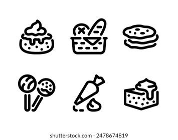 Conjunto simple de iconos de línea de Vector relacionados con panadería. Contiene iconos como scone, cesta de pan, pan plano y más.