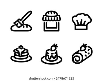 Conjunto simple de iconos de línea de Vector relacionados con panadería. Contiene iconos como cepillo de pastelería, tienda de panadería, sombrero de chef y más.