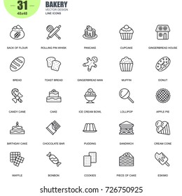 Simple Set of Bakery Related Vector Line Icons. Contains such Icons as Pancake, Ice Cream Bowl, Pudding, Candy Cane, Muffin, Donut and more. Editable Stroke. 48x48 Pixel Perfect.