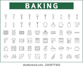 Simple Set of baking tool Related Vector Line Icons. Vector collection of kitchen utensils, equipment, apron, kitchenware, bakery, scales, dough, rolling pin, oven and design elements symbols.