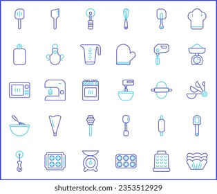 Simple Set of baking tool Related Vector Line Icons. Vector collection of kitchen utensils, equipment, apron, kitchenware, bakery, scales, dough, rolling pin, oven and design elements symbols.