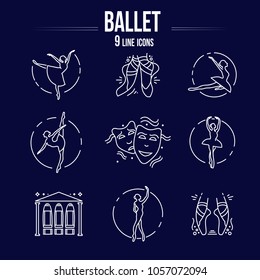 Simple Set of Ballet Vector Line Icons. Contains such Icons as ballet classes school, theatre, flyer festival etc.