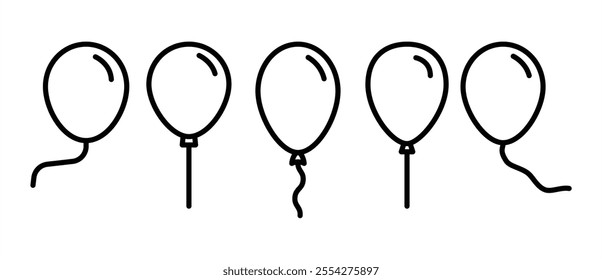 Simple set of balloons icons, use black color with line design style, Balloon outline icons. Different shapes of balloons for birthday, party icon. Balloons vector illustration transparent background.