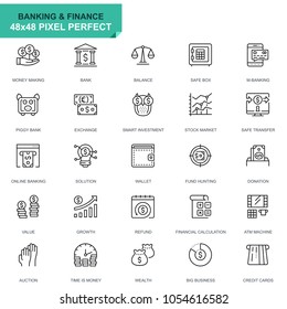 Simple Set Banking and Finance Line Icons for Website and Mobile Apps. Contains such Icons as Balance, E-Banking, Auction, Financial Growth. 48x48 Pixel Perfect. Editable Stroke. Vector illustration.