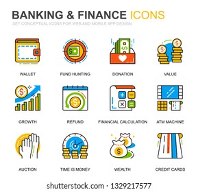 Simple Set Banking and Finance Line Icons for Website and Mobile Apps. Contains such Icons as Balance, E-Banking, Auction, Financial Growth. Conceptual color line icon. Vector pictogram pack.