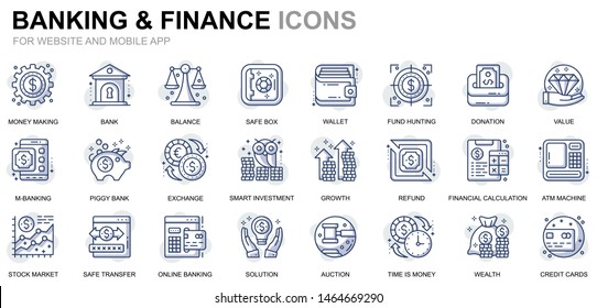 Simple Set Banking and Finance Line Icons for Website and Mobile Apps. Contains such Icons as Balance, E-Banking, Auction, Financial Growth. Conceptual thin line icon. Vector pictogram pack.