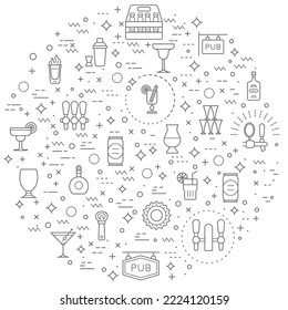 Simple Juego de Ilustración de Línea de Vectores Relacionados con la barra y el alcohol. Contiene íconos como pub, bebida, cóctel, barra de vidrio, botella, cerveza, bebida, licor y otros elementos. 