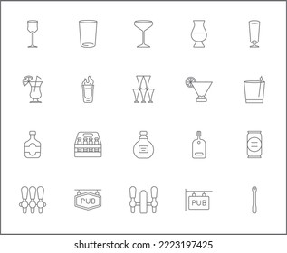 Conjunto simple de iconos de línea de vectores relacionados con la barra.
Colección vectorial de alcohol, pub, bebida, cóctel, vidrio de bar, botella, cerveza, bebida, licor y elementos de diseño símbolos o elementos de logo en un contorno delgado.