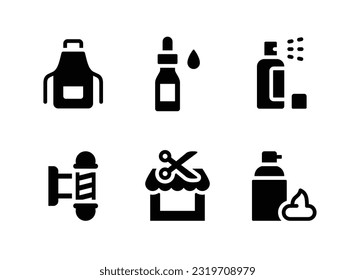 Simple Set of Barbershop Related Vector Solid Icons. Contains Icons as Apron, Serum Bottle, Styling Spray and more.