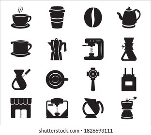 Simple Set of barista and coffee shop Related Vector icon graphic design templates. Contains such Icons as coffee, cup, paper cup, bean, front shop, cappuccino machine, grinder, and apron