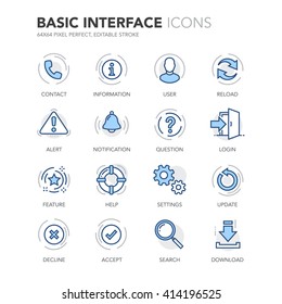 Simple Set of Basic Interface Related Color Vector Line Icons. 
Contains such Icons as Contact, Info, Alert, Notification, Settings, User Profile and more. Editable Stroke. 64x64 Pixel Perfect. 