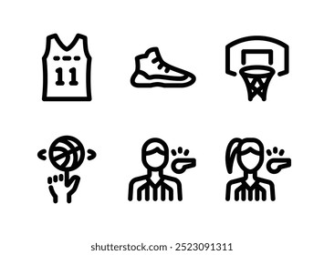 Conjunto Simples de Basquetebol Relacionados Ícones de Linha. Contém ícones como Jersey, Sapatos, Hoop e muito mais.