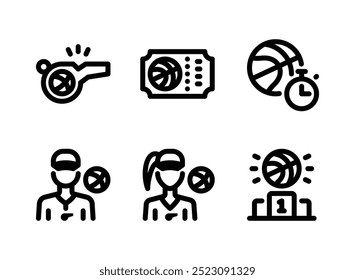 Conjunto Simples de Basquetebol Relacionados Ícones de Linha. Contém ícones como assobio, tíquete, cronograma e muito mais.