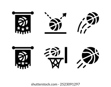 Conjunto simple de iconos sólidos relacionados con el baloncesto. Contiene iconos como banderín, bola de rebote, disparar y más.