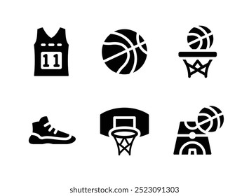 Conjunto Simples de Basquete Relacionado Ícones Sólidos. Contém ícones como Jersey, Ball, Hoop e muito mais.