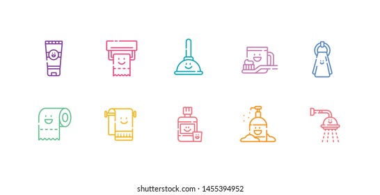 A simple set of bathroom kawaii vector line icons. Contains such Icons as a cute mouthwash, creams, plunger, shower, soap, toilet paper, toothbrush, towel.