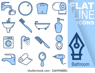 Simple Set of bathroom vector flat line blue Icons - hands, mirror, weight, toilet paper, washbasin, toothbrush, bathtub, soap, washing machine, shower, crest, toilet, faucet, towel, hair dryer