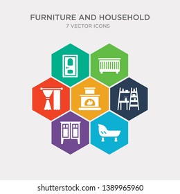 simple set of bathtub, cabinet, furniture, fireplace icons, contains such as icons curtain, crib, door and more. 64x64 pixel perfect. infographics vector