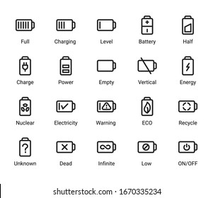 Conjunto simple de iconos de línea de rejilla vectorial relacionados con baterías.  Elementos de diseño de UI de porcentaje de batería, reciclaje, carga telefónica, duración de la batería y más. Trazo editable. 30x30 Pixel Perfecto.