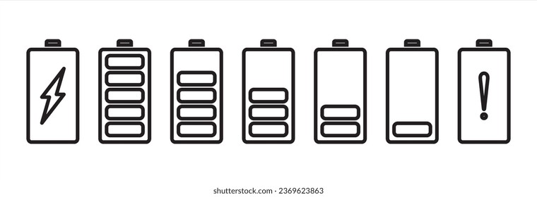 Einfache Zusammenstellung von Batterien verwandten Vektorgrafiken in Zeilensymbole. Akkusymbole gesetzt. Batterieaufladezeichen und -symbol. Batterieladung, Vektorgrafik.