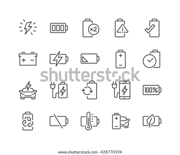 Simple\
Set of Batteries Related Vector Line Icons. \
Contains such Icons\
as Car Charge Station, Recycle, Phone Charging, Battery Life Time\
and more. \
Editable Stroke. 48x48 Pixel Perfect.\
