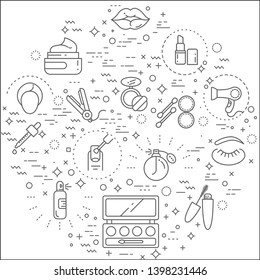 Simple Set of beauty and cosmetic Related Vector Line Illustration. Contains such Icons as make up, lipstick, powder and more. Modern style line drawing and background color white. 