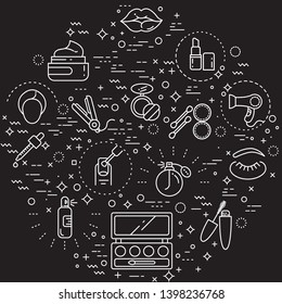 Simple Set of beauty and cosmetic Related Vector Line Illustration. Contains such Icons as make up, lipstick, powder and more. Modern style line drawing and background color black. 