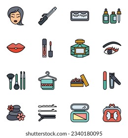 Simple set of beauty cosmetics and spa vector colored outline icons. Contains such icons as cream bottle, lipstick, makeup brush and more.