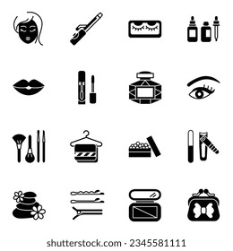 Simple set of beauty cosmetics and spa vector black glyph icons. Contains such icons as cream bottle, lipstick, makeup brush and more.