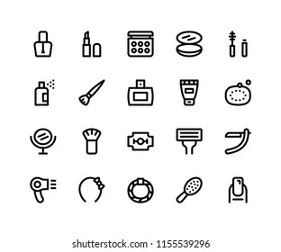 Simple Set of Beauty Related Vector Line Icons. Contains such Icons as Nail Polish, Lipstick, Make Up, Compact, Mascara and more. pixel perfect vector icons based on 32px grid editable strokes