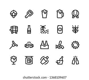 Conjunto simple de iconos de línea de vectores relacionados con la cerveza. Contiene íconos como lúpulo, botella, barril, lata, trigo y más. iconos vectoriales perfectos de píxeles basados en la cuadrícula de 32px. Trazos editables