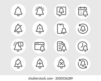 Simple Set of Bell Notification Vector Line Icons. Contains such Icons as Bell, Timer, Alert, Check, Close, Repeat and more. Editable Stroke. Pixel Perfect.
