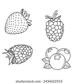 Simple set of berries fruit, strawberry, raspberry, blueberry, and blackberry. Vector illustration design template. Isolated on a white background.