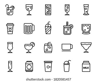 Simple set of beverage vector on white background, such as coffee, whiskey, cocktail soda and milk.