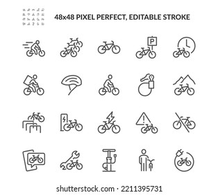 Conjunto simple de iconos de línea de vectores relacionados con la bicicleta. 
Contiene íconos como estacionamiento para bicicletas, taller de reparación, paseos al aire libre y más. Stroke editable. 48x48 Pixel Perfecto.