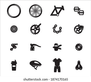 Simple Set of bicycle spare part shop Related Vector icon user interface graphic design. Contains such Icons as frame, tyre, gear, pedal, saddle, hear shifter, chain, helmet, and bicycle suit