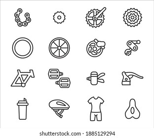 Simple Set of bicycle spare part shop Related Vector icon user interface graphic design. Contains such Icons as frame, tyre, gear, pedal, saddle, hear shifter, chain, helmet, and bicycle suit