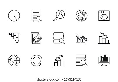 Conjunto simple de grandes datos modernos iconos de línea delgada. Diseño moderno. Paquete de iconos de trazo. Ilustración vectorial aislada en un fondo blanco. Símbolos de calidad superior.