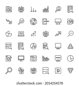 Conjunto simple de iconos de esquema relacionados con los grandes datos. Elementos para el concepto móvil y aplicaciones web. Iconos vectoriales de línea delgada para el diseño y desarrollo de sitios web, desarrollo de aplicaciones. Paquete premium.