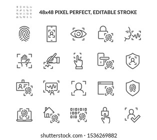 Simple Set of Biometric Related Vector Line Icons. Contains such Icons as Voice Recognition, Fingerprint, Door Lock and more. Editable Stroke. 48x48 Pixel Perfect.