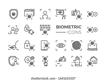 Simple Set of Biometric Related Vector Line Icons. Contains such Icons as Voice Recognition, Fingerprint, Padlock and more.