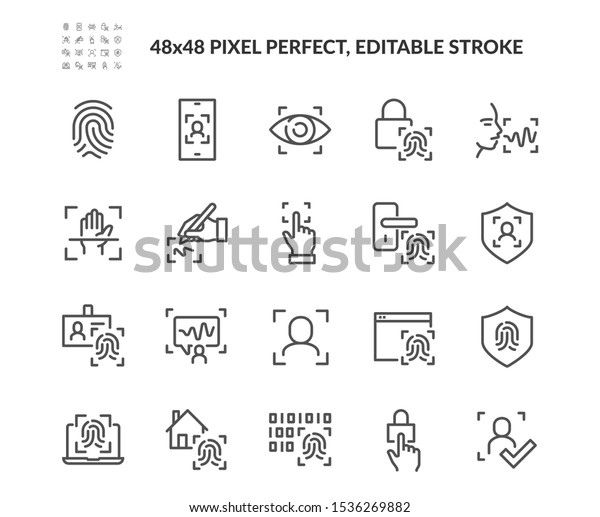 Simple Set of Biometric\
Related Vector Line Icons. Contains such Icons as Voice\
Recognition, Fingerprint, Door Lock and more. Editable Stroke.\
48x48 Pixel Perfect.