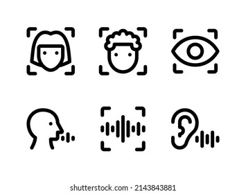 Conjunto simple de iconos de línea de vectores relacionados con la seguridad biométrica. Contiene iconos como escáner facial, reconocimiento de reinas, identificación de voz y más.