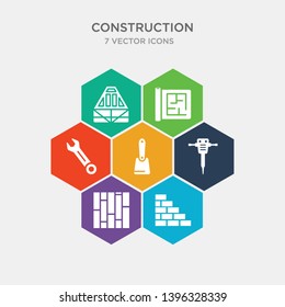 simple set of birck wall, paving, hydraulic breaker, scraper icons, contains such as icons spanner, construction plan, joist and more. 64x64 pixel perfect. infographics vector