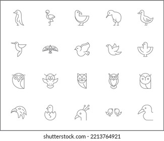 Einfache Set von vogelbezogenen Vektorgrafik-Symbolen.
Vektorgrafik von Eule-, Spatzen-, Pinguin- und Taubensymbolen oder Logoelementen in dünner Umrisslinie.
